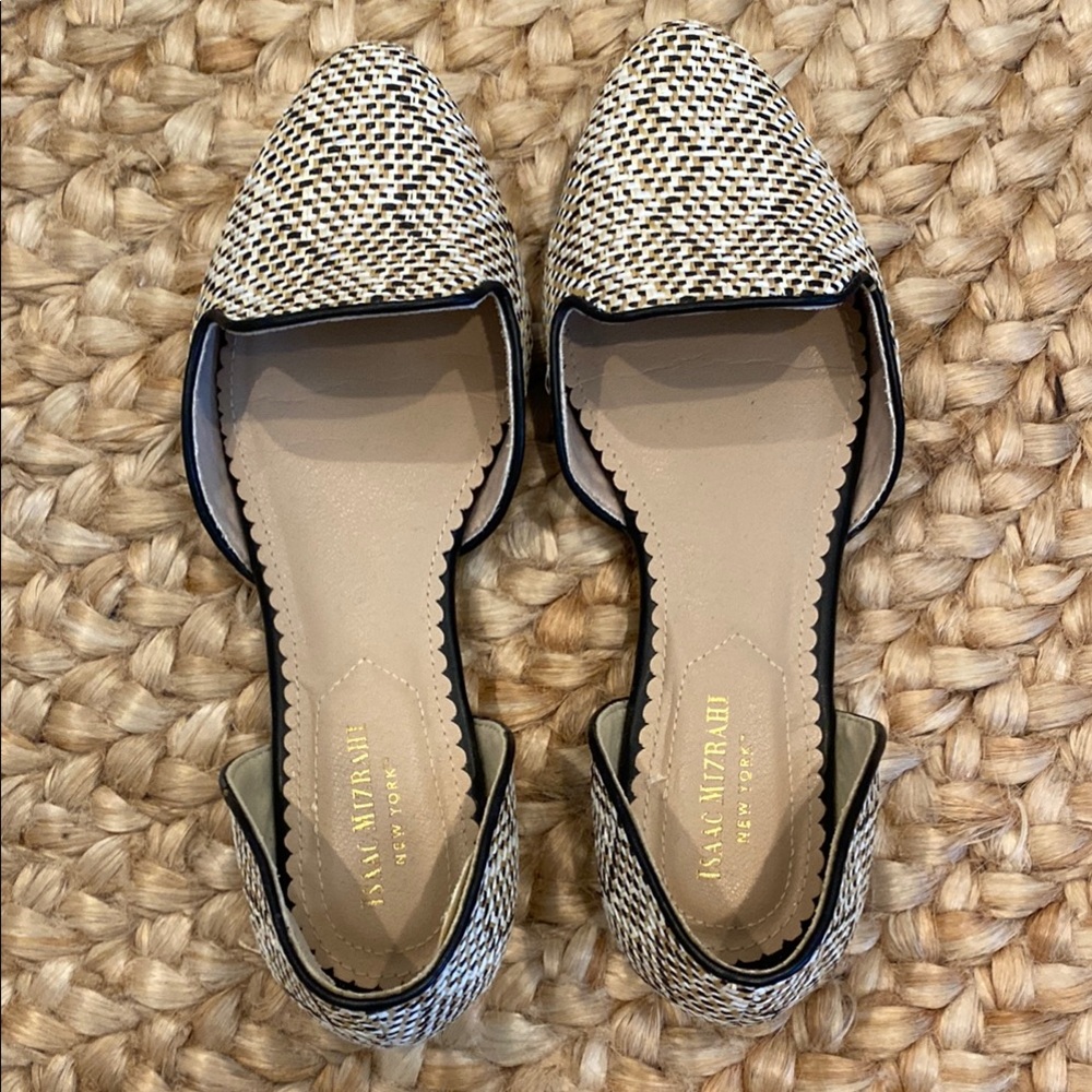 Black and tan rattan shoes